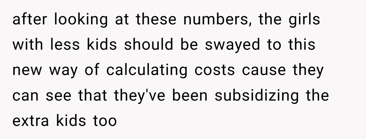 after looking at these numbers, the girls with less kids should be swayed to this new way of calculating costs cause they can see that they've been subsidizing the extra...