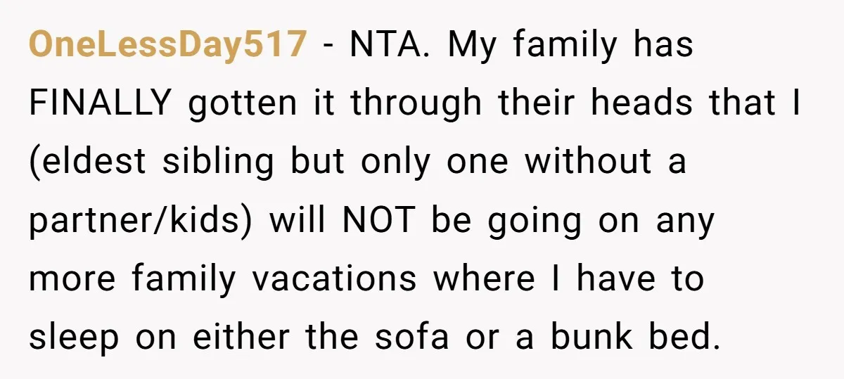 OneLessDay517 − NTA. My family has FINALLY gotten it through their heads that I (eldest sibling but only one without a partner/kids) will NOT be going on any more family...