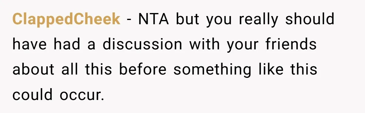 ClappedCheek − NTA but you really should have had a discussion with your friends about all this before something like this could occur.