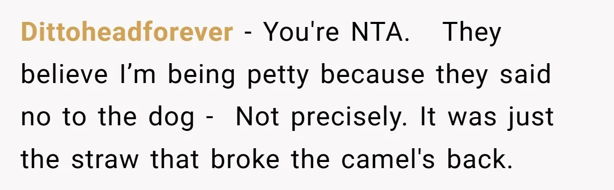 Dittoheadforever − You're NTA. They believe I’m being petty because they said no to the dog - Not precisely. It was just the straw that broke the camel's back.