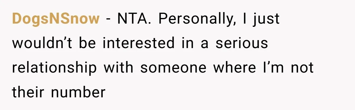 DogsNSnow − NTA. Personally, I just wouldn’t be interested in a serious relationship with someone where I’m not their number