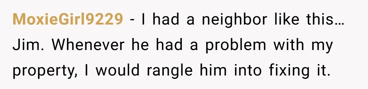 MoxieGirl9229 − I had a neighbor like this… Jim. Whenever he had a problem with my property, I would rangle him into fixing it.