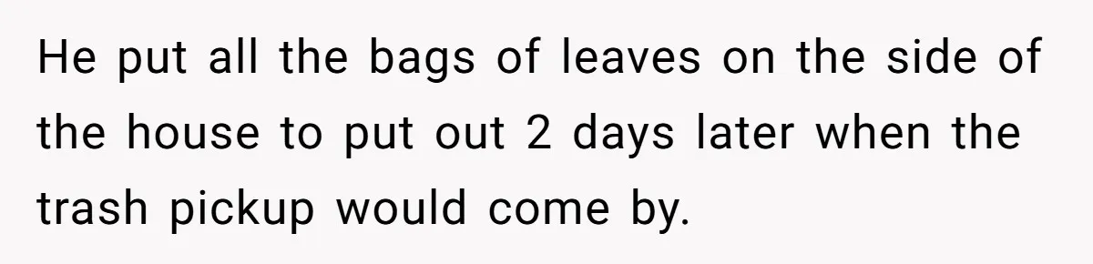 He put all the bags of leaves on the side of the house to put out 2 days later when the trash pickup would come by.