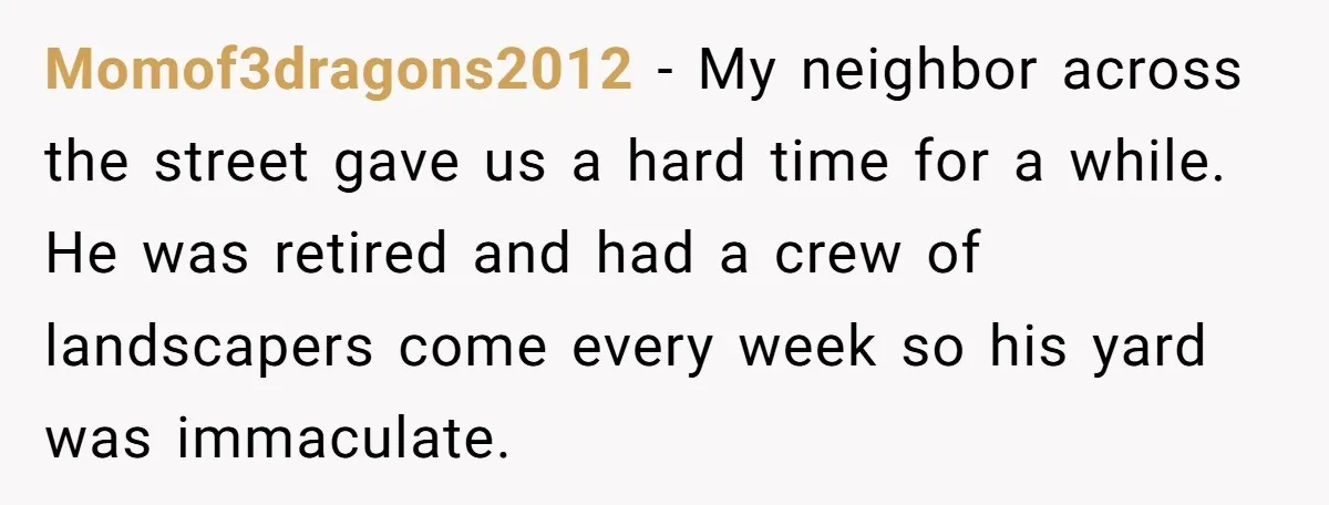 Momof3dragons2012 − My neighbor across the street gave us a hard time for a while. He was retired and had a crew of landscapers come every week so his yard...