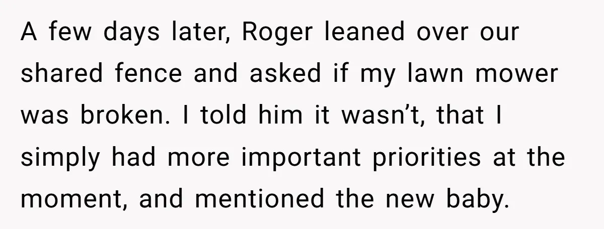 A few days later, Roger leaned over our shared fence and asked if my lawn mower was broken. I told him it wasn’t, that I simply had more important priorities...