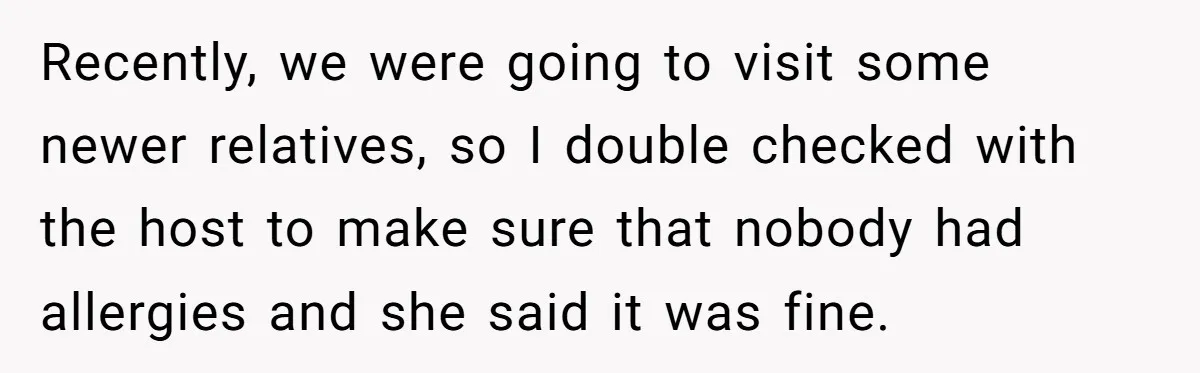 Recently, we were going to visit some newer relatives, so I double checked with the host to make sure that nobody had allergies and she said it was fine.
