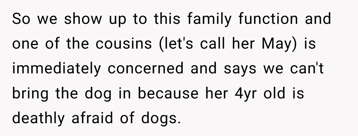 So we show up to this family function and one of the cousins (let's call her May) is immediately concerned and says we can't bring the dog in because her...