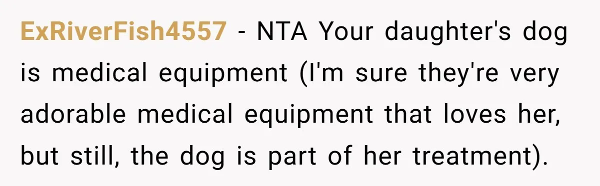 ExRiverFish4557 − NTA Your daughter's dog is medical equipment (I'm sure they're very adorable medical equipment that loves her, but still, the dog is part of her treatment).