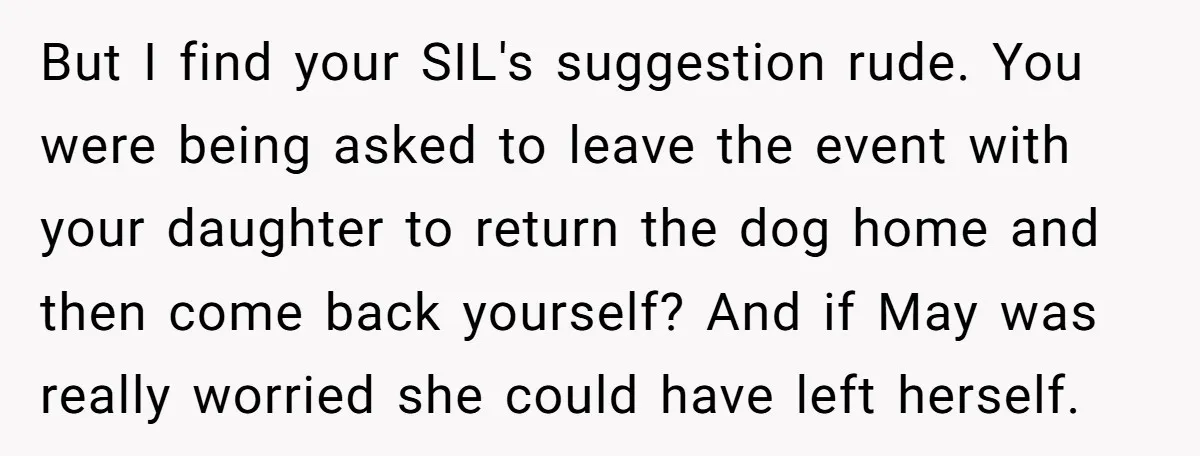 But I find your SIL's suggestion rude. You were being asked to leave the event with your daughter to return the dog home and then come back yourself? And if...