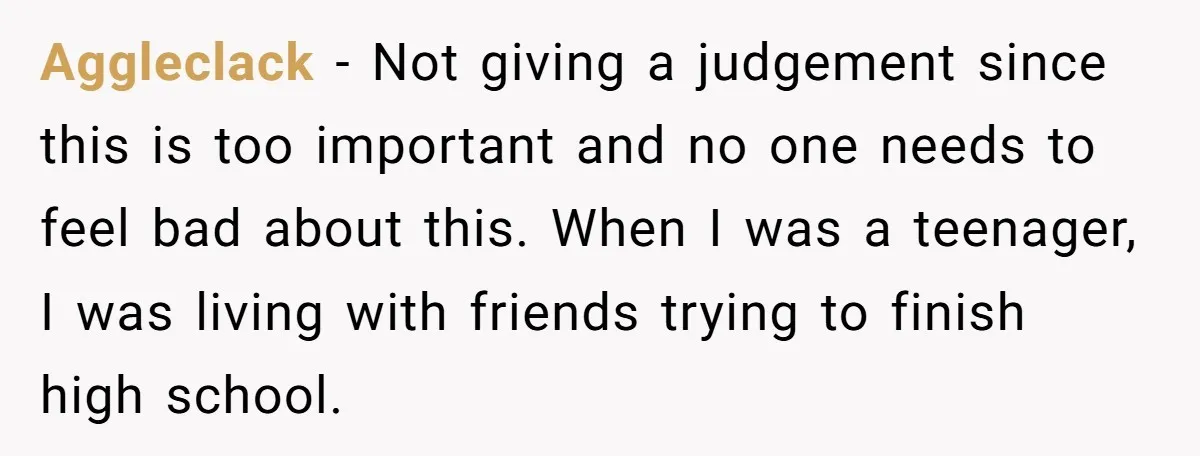 Aggleclack − Not giving a judgement since this is too important and no one needs to feel bad about this. When I was a teenager, I was living with friends...