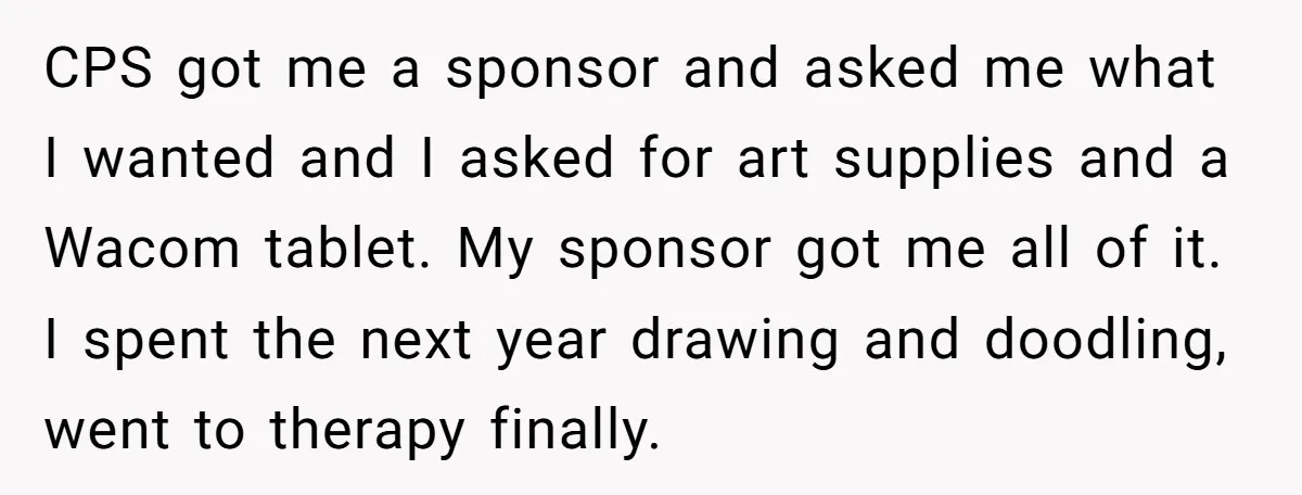 CPS got me a sponsor and asked me what I wanted and I asked for art supplies and a Wacom tablet. My sponsor got me all of it. I spent...
