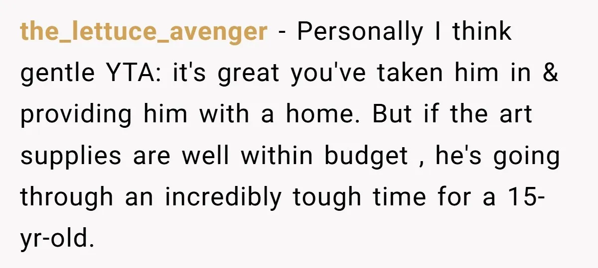 the_lettuce_avenger − Personally I think gentle YTA: it's great you've taken him in & providing him with a home. But if the art supplies are well within budget , he's...
