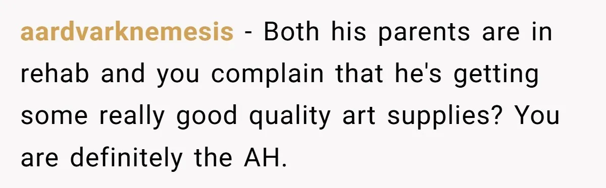 aardvarknemesis − Both his parents are in rehab and you complain that he's getting some really good quality art supplies? You are definitely the AH.
