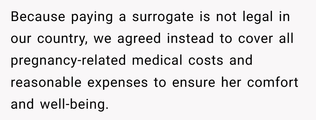 Because paying a surrogate is not legal in our country, we agreed instead to cover all pregnancy-related medical costs and reasonable expenses to ensure her comfort and well-being.