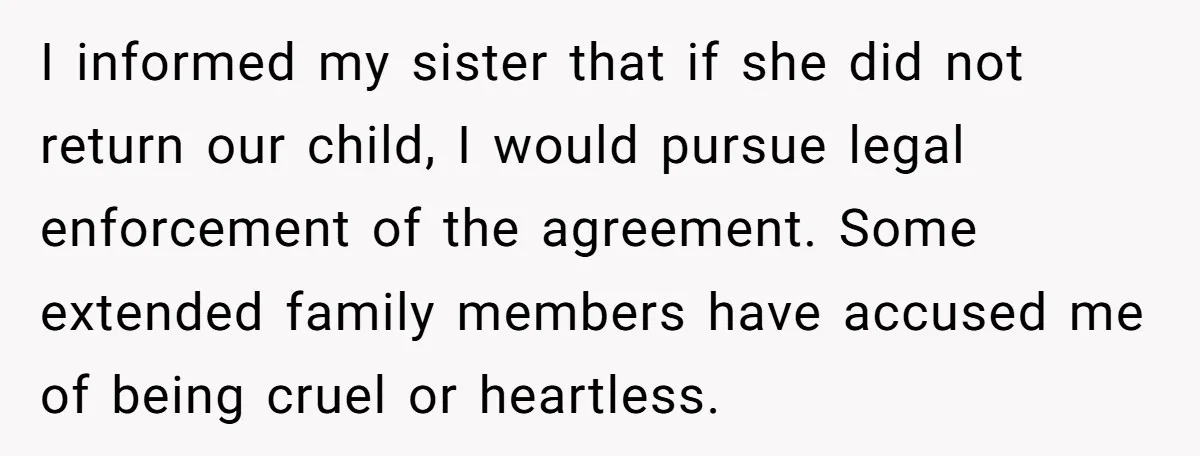 I informed my sister that if she did not return our child, I would pursue legal enforcement of the agreement. Some extended family members have accused me of being cruel...