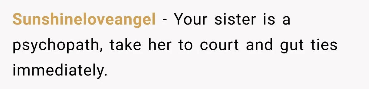 Sunshineloveangel − Your sister is a psychopath, take her to court and gut ties immediately.