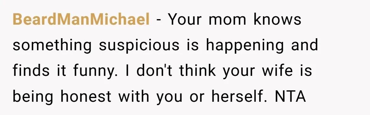 BeardManMichael - Your mom knows something suspicious is happening and finds it funny. I don't think your wife is being honest with you or herself. NTA