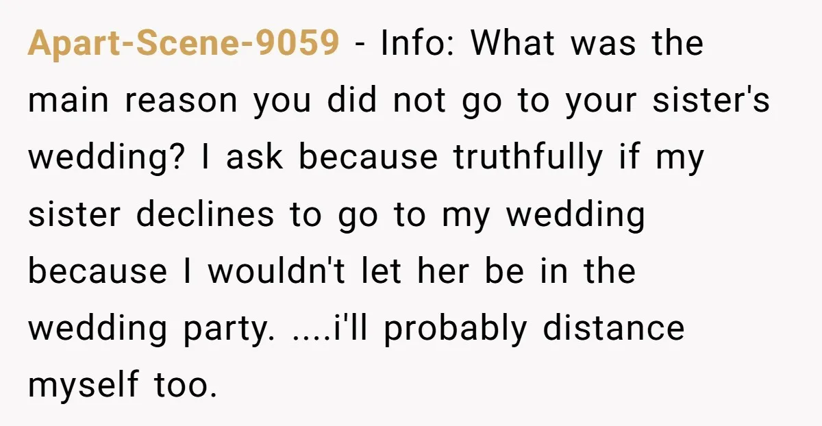 Apart-Scene-9059 − Info: What was the main reason you did not go to your sister's wedding? I ask because truthfully if my sister declines to go to my wedding because...