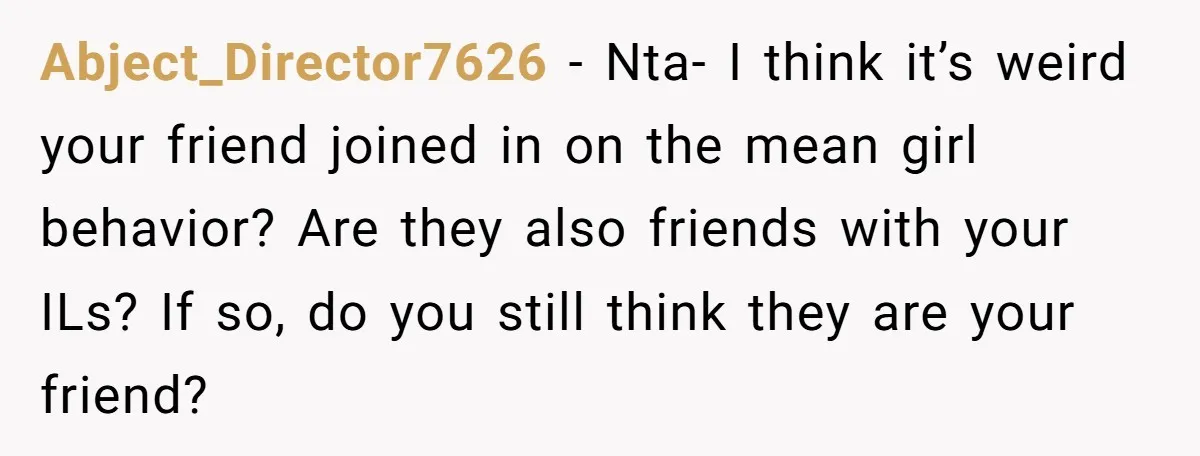 Abject_Director7626 - Nta- I think it’s weird your friend joined in on the mean girl behavior? Are they also friends with your ILs? If so, do you still think they...