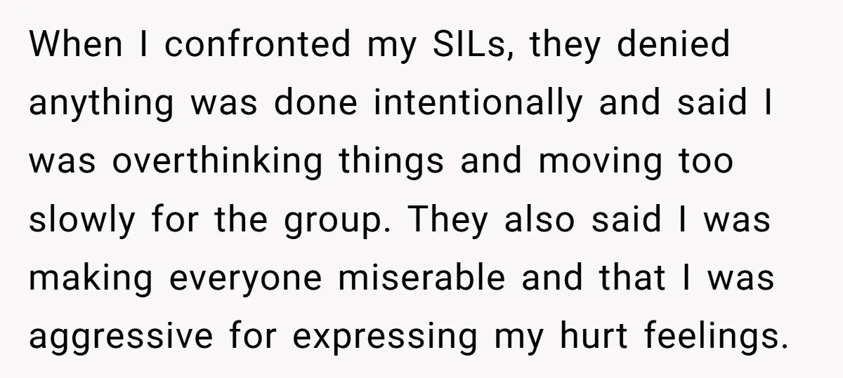 When I confronted my SILs, they denied anything was done intentionally and said I was overthinking things and moving too slowly for the group. They also said I was making...