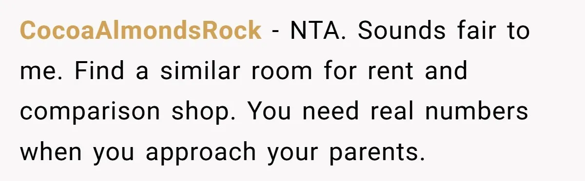 CocoaAlmondsRock − NTA. Sounds fair to me. Find a similar room for rent and comparison shop. You need real numbers when you approach your parents.