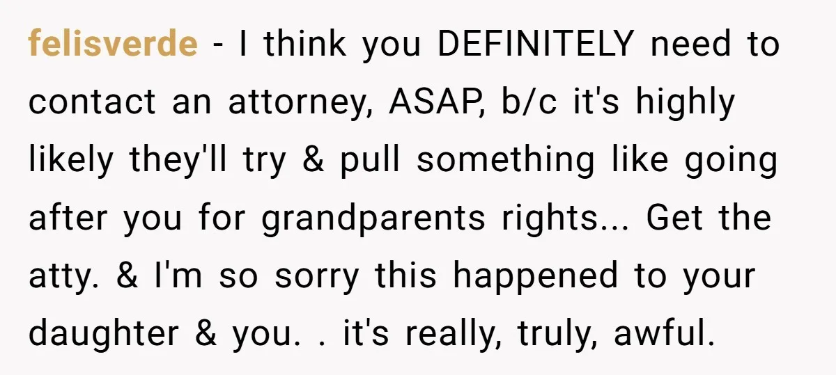 felisverde - I think you DEFINITELY need to contact an attorney, ASAP, b/c it's highly likely they'll try & pull something like going after you for grandparents rights... Get the...