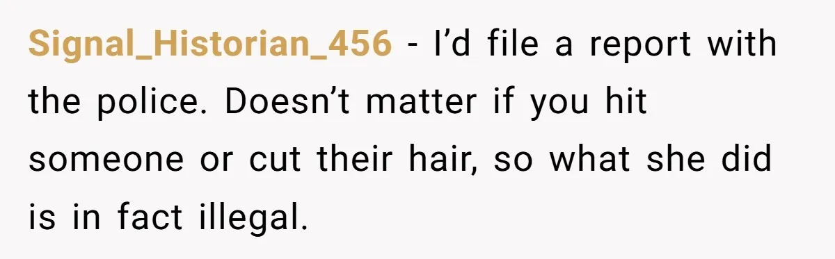 Signal_Historian_456 - I’d file a report with the police. Doesn’t matter if you hit someone or cut their hair, so what she did is in fact illegal.