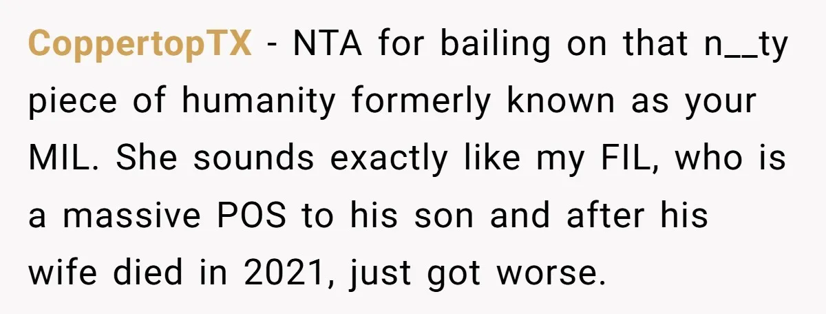 CoppertopTX − NTA for bailing on that n__ty piece of humanity formerly known as your MIL. She sounds exactly like my FIL, who is a massive POS to his son...