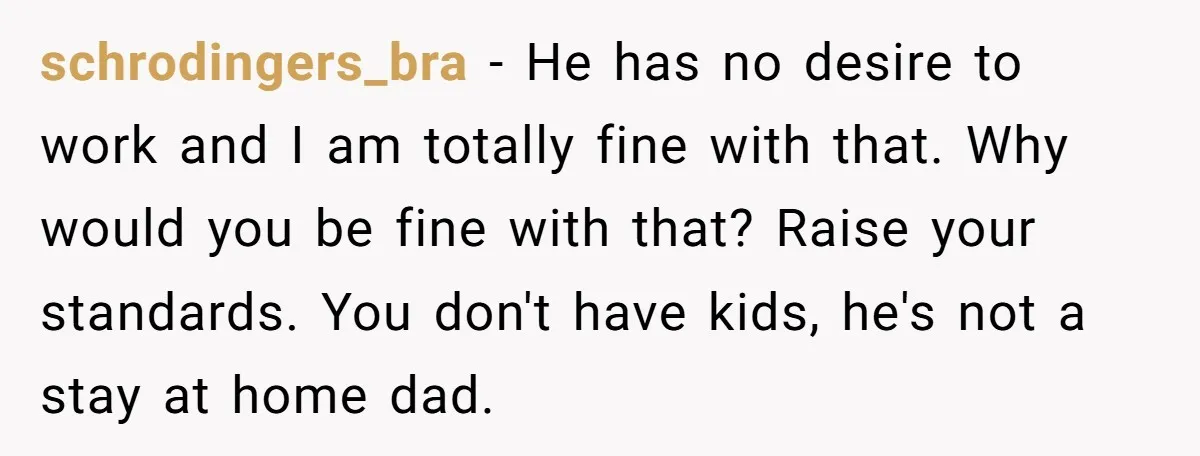 schrodingers_bra − He has no desire to work and I am totally fine with that. Why would you be fine with that? Raise your standards. You don't have kids, he's...