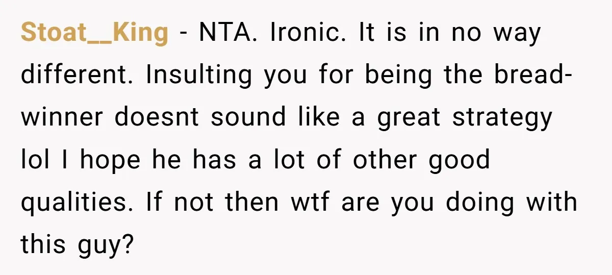 Stoat__King − NTA. Ironic. It is in no way different. Insulting you for being the bread-winner doesnt sound like a great strategy lol I hope he has a lot of...