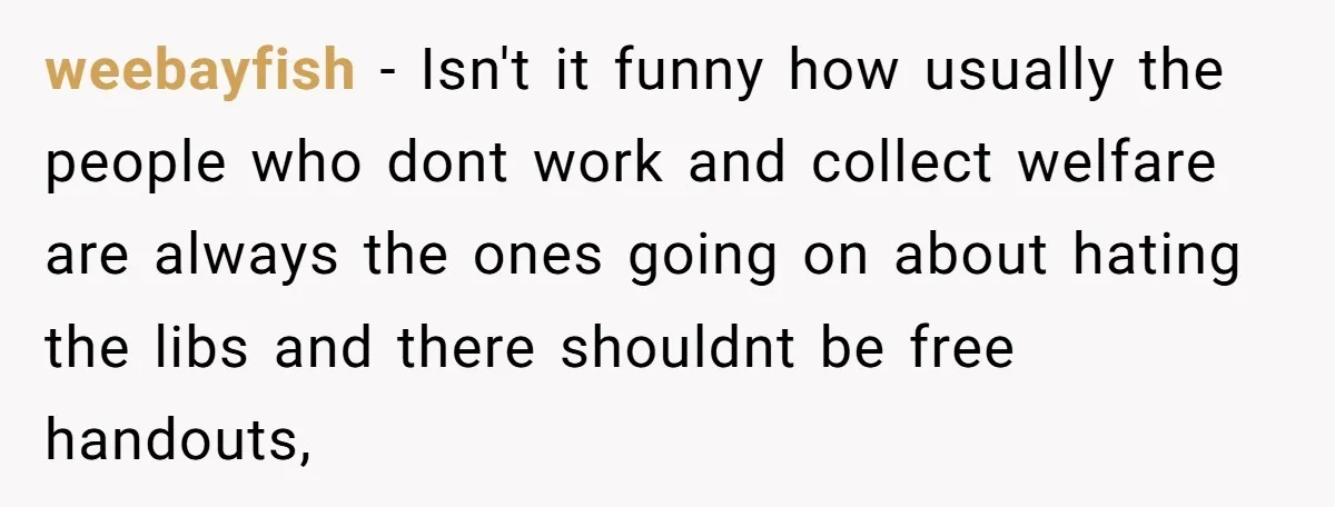 weebayfish − Isn't it funny how usually the people who dont work and collect welfare are always the ones going on about hating the libs and there shouldnt be free...