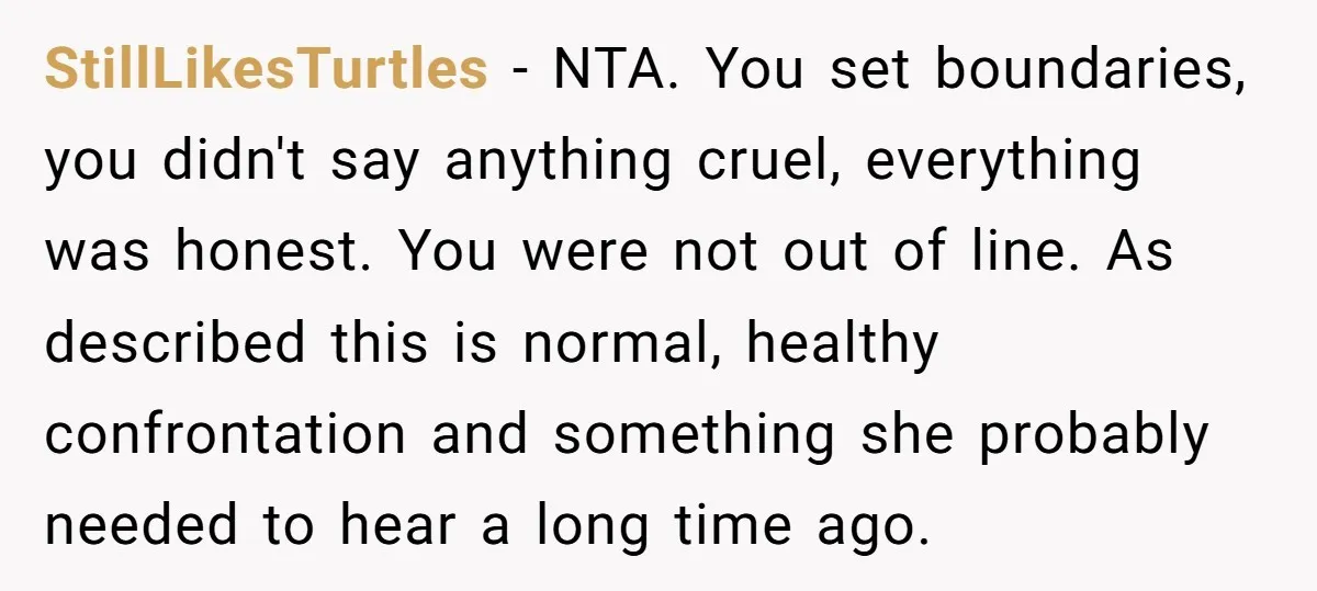 StillLikesTurtles - NTA. You set boundaries, you didn't say anything cruel, everything was honest. You were not out of line. As described this is normal, healthy confrontation and something she...