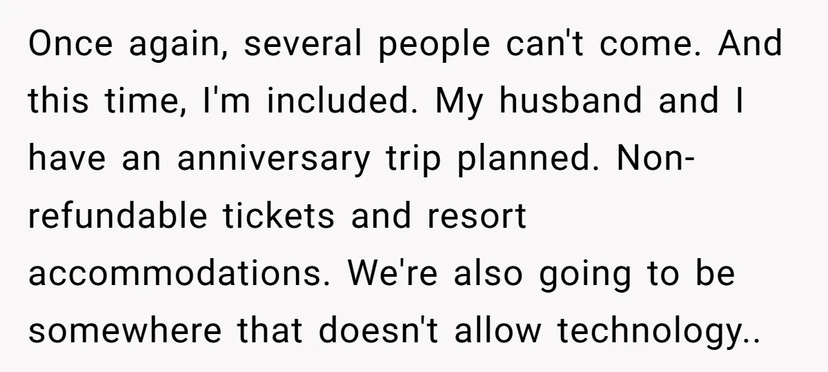 Once again, several people can't come. And this time, I'm included. My husband and I have an anniversary trip planned. Non-refundable tickets and resort accommodations. We're also going to be...