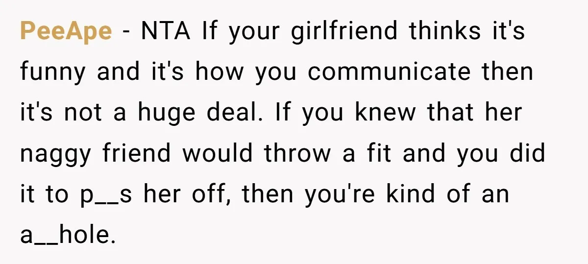 PeeApe − NTA If your girlfriend thinks it's funny and it's how you communicate then it's not a huge deal. If you knew that her naggy friend would throw a...