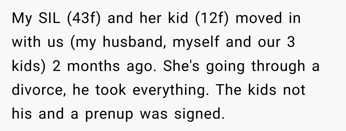 My SIL (43f) and her kid (12f) moved in with us (my husband, myself and our 3 kids) 2 months ago. She's going through a divorce, he took everything. The...