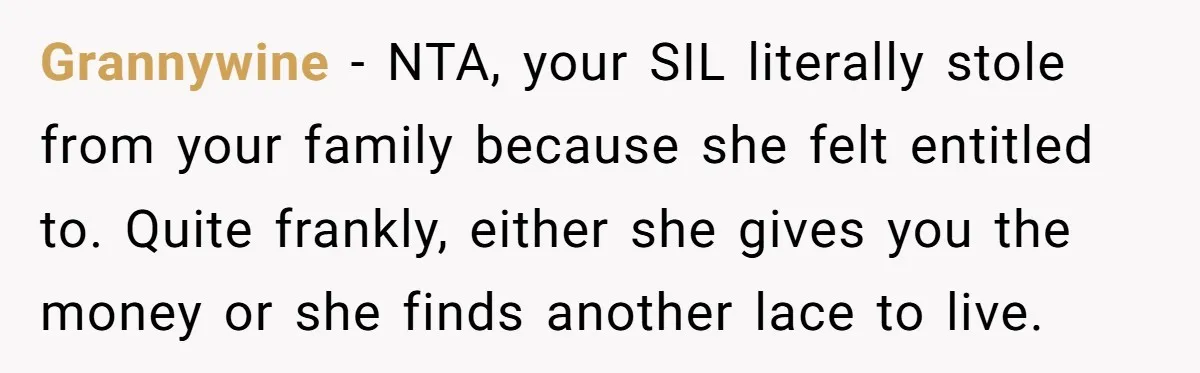 Grannywine − NTA, your SIL literally stole from your family because she felt entitled to. Quite frankly, either she gives you the money or she finds another lace to live.
