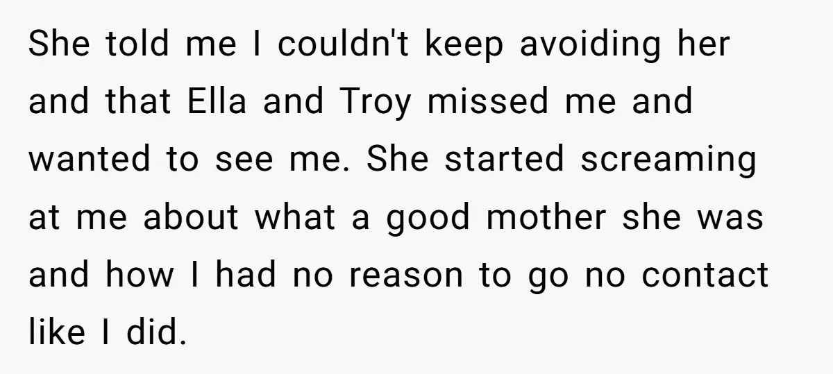 She told me I couldn't keep avoiding her and that Ella and Troy missed me and wanted to see me. She started screaming at me about what a good mother...