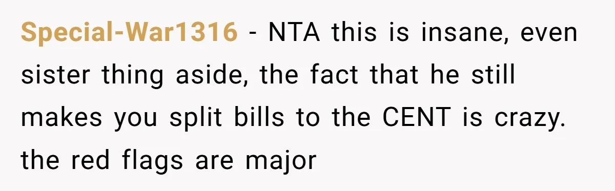 Special-War1316 − NTA this is insane, even sister thing aside, the fact that he still makes you split bills to the CENT is crazy. the red flags are major