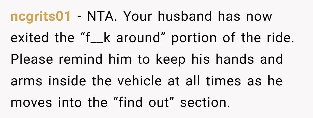 ncgrits01 − NTA. Your husband has now exited the “f__k around” portion of the ride. Please remind him to keep his hands and arms inside the vehicle at all times...