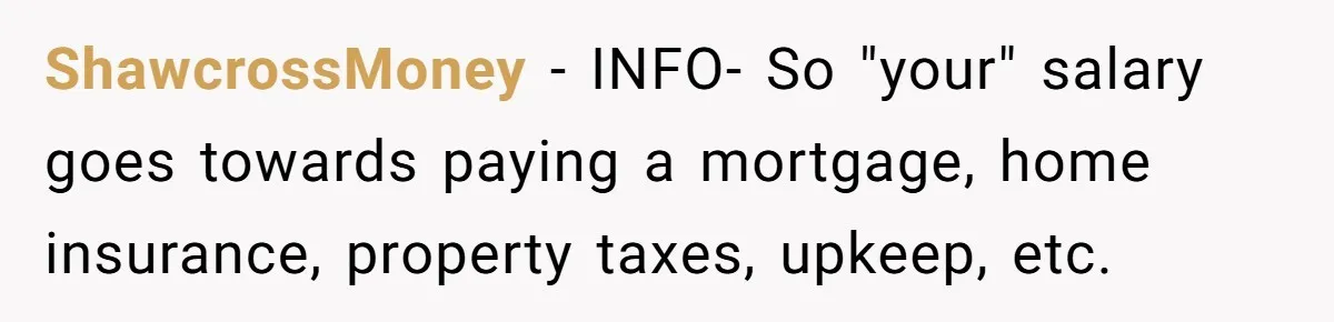 ShawcrossMoney − INFO- So "your" salary goes towards paying a mortgage, home insurance, property taxes, upkeep, etc.