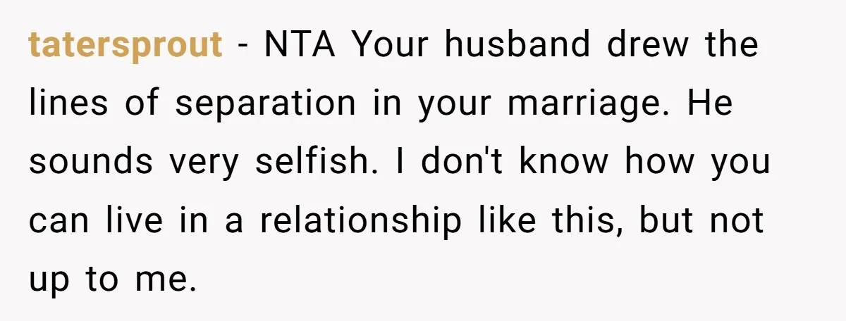 tatersprout − NTA Your husband drew the lines of separation in your marriage. He sounds very selfish. I don't know how you can live in a relationship like this, but...