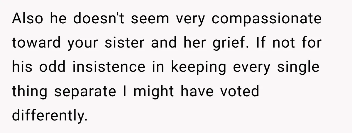 Also he doesn't seem very compassionate toward your sister and her grief. If not for his odd insistence in keeping every single thing separate I might have voted differently.