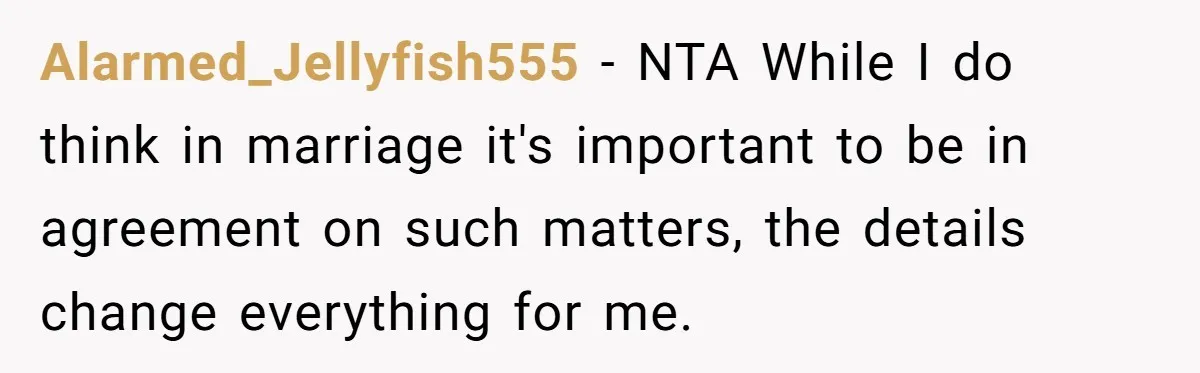 Alarmed_Jellyfish555 − NTA While I do think in marriage it's important to be in agreement on such matters, the details change everything for me.