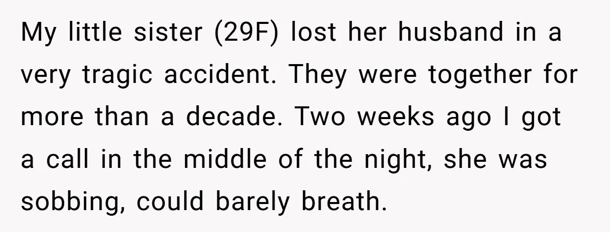 My little sister (29F) lost her husband in a very tragic accident. They were together for more than a decade. Two weeks ago I got a call in the middle...