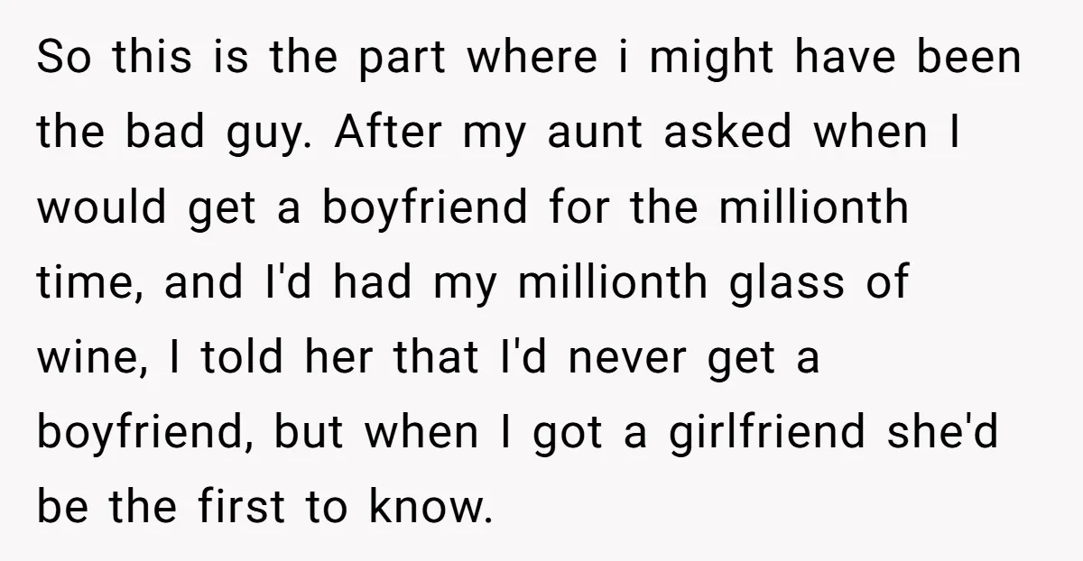 So this is the part where i might have been the bad guy. After my aunt asked when I would get a boyfriend for the millionth time, and I'd had...