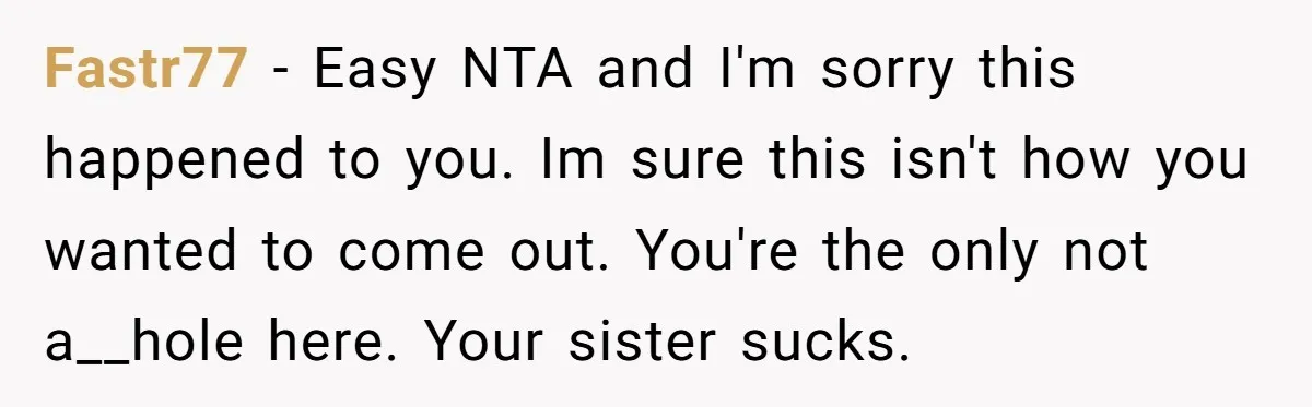 Fastr77 − Easy NTA and I'm sorry this happened to you. Im sure this isn't how you wanted to come out. You're the only not a__hole here. Your sister sucks.