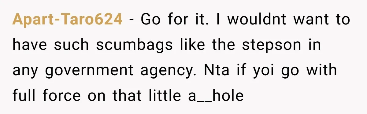 Apart-Taro624 - Go for it. I wouldnt want to have such scumbags like the stepson in any government agency. Nta if yoi go with full force on that little a__hole