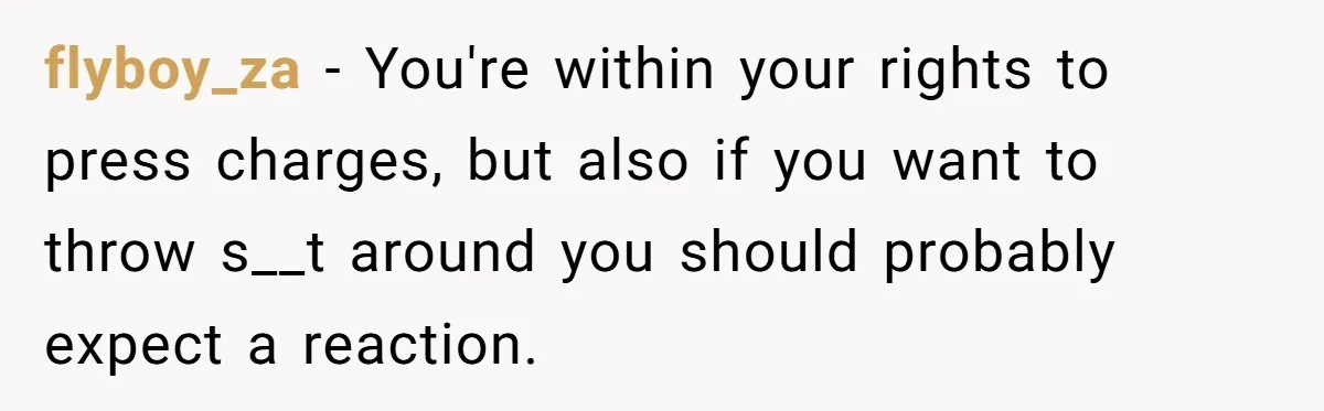 flyboy_za - You're within your rights to press charges, but also if you want to throw s__t around you should probably expect a reaction.