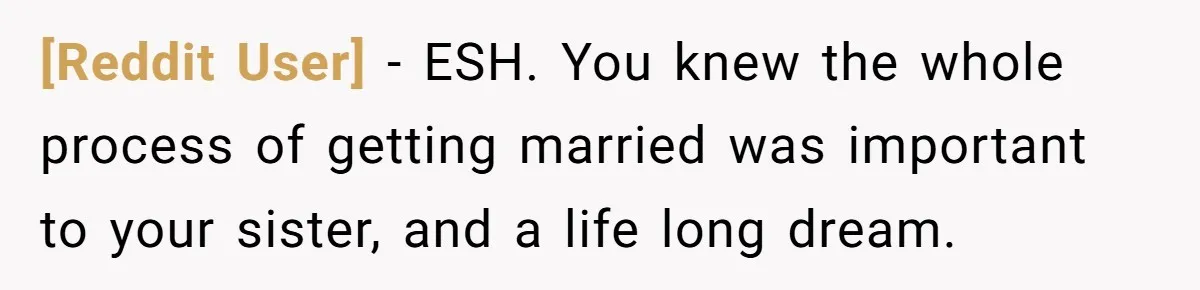 [Reddit User] − ESH. You knew the whole process of getting married was important to your sister, and a life long dream.