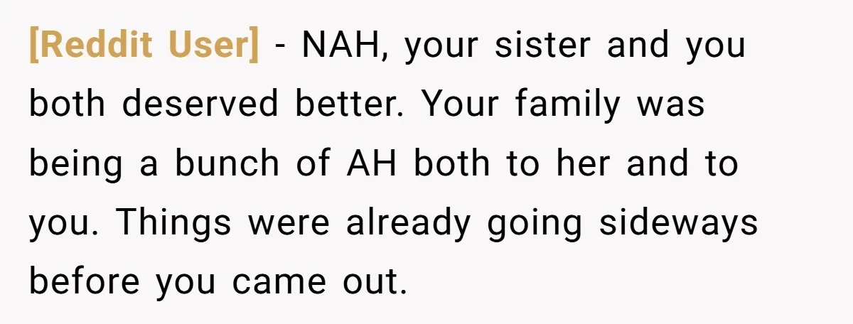 [Reddit User] − NAH, your sister and you both deserved better. Your family was being a bunch of AH both to her and to you. Things were already going sideways...
